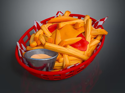 Crispy French Fries In Red Basket With Red Pepper Slices And Dip Sauce 3d model