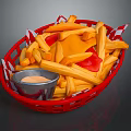 Crispy French Fries In Red Basket With Red Pepper Slices And Dip Sauce