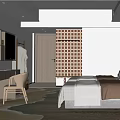 Modern Minimalist Hotel Guest Room With Double Bed White Linens Wooden Furniture And Carpet