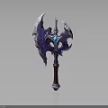 Fantasy Battle Axe With Purple Blades Blue Gemstone And Red Handle