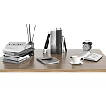 Decorative Ornament Set with Stacked Books Aromatherapy Sticks Alarm Clock Coffee Cup on Wooden Tabletop