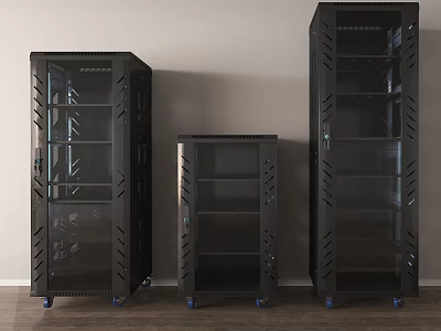 Three Black Server Racks With Glass Doors And Wheels On Wooden Floor 3d model