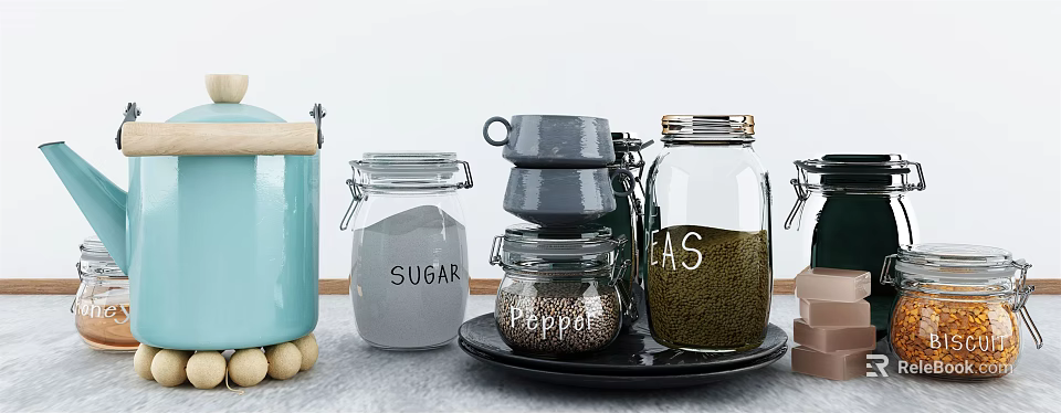 Glass Kitchen Storage Jars For Sugar Pepper Tea On Black Tray With Stacked Cups 3d model 