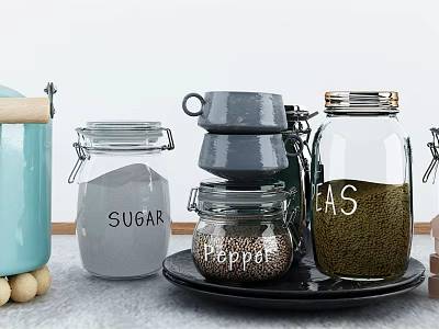 Glass Kitchen Storage Jars For Sugar Pepper Tea On Black Tray With Stacked Cups 3d model