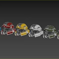 Different Colored Tactical Helmets With Face Visors And Glowing Green Accents