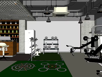 Gym Interior With Dumbbell Rack Fitness Equipment Green Floor Mats And Supplement Shelf 3d model