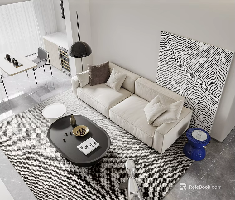 Modern Beige Sofa Coffee Table Set With Decorative Painting Area Rug And Pillows 3d model 