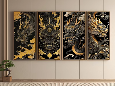 Black And Gold Traditional Dragon Animal Paintings As Wall Decor 3d model