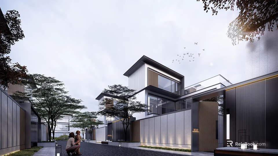 Modern Townhouse Exterior Two Story Design Floor to Ceiling Windows Lush Trees Stone Path 3d model 