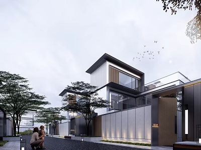 Modern Townhouse Exterior Two Story Design Floor to Ceiling Windows Lush Trees Stone Path 3d model
