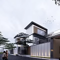 Modern Townhouse Exterior Two Story Design Floor to Ceiling Windows Lush Trees Stone Path