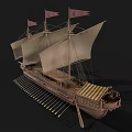 Ancient Wooden Sailing Ship With Three Masts Beige Sails Red Flags And Side Oars