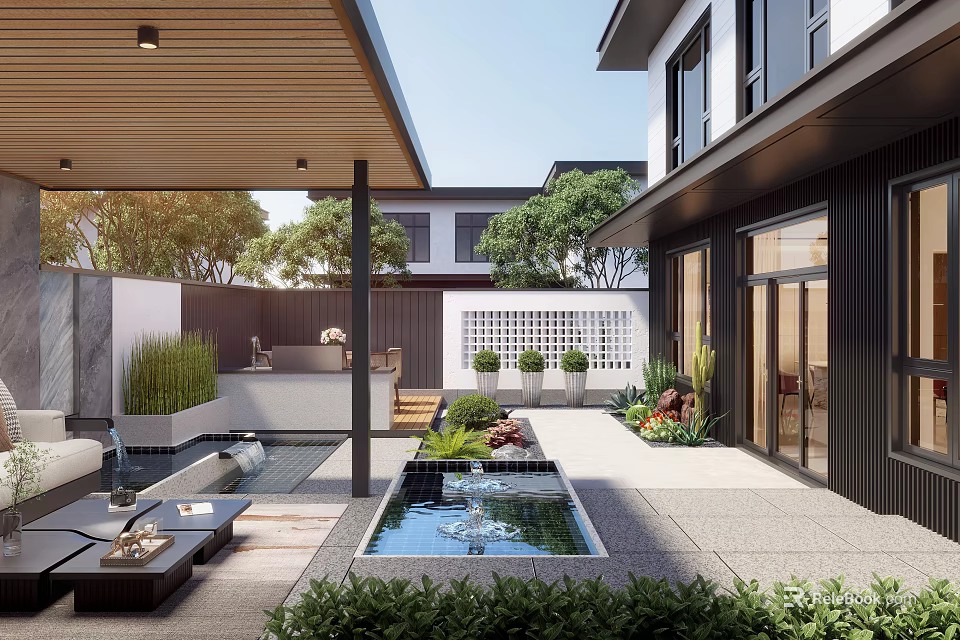 Modern Courtyard Garden with Wooden Pergola Water Feature Outdoor Seating and Lush Green Plants 3d model 