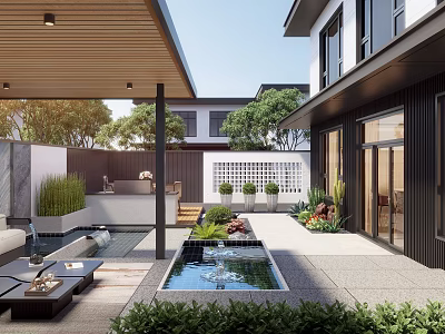 Modern Courtyard Garden with Wooden Pergola Water Feature Outdoor Seating and Lush Green Plants 3d model