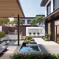 Modern Courtyard Garden with Wooden Pergola Water Feature Outdoor Seating and Lush Green Plants