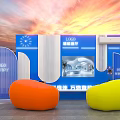 Interactive Zone With Blue Booth Orange And Yellow Bean Bags Sunset Sea View