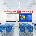 School Classroom Interior With Blue Desks Chairs Blackboard Fans Windows And Red Slogans