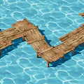 Natural Wooden Bridge Built With Planks Over Blue Rippled Water