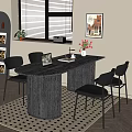 Modern Dining Table Set with Black Chairs Laptop Vase and Flowers Unique Leg Design