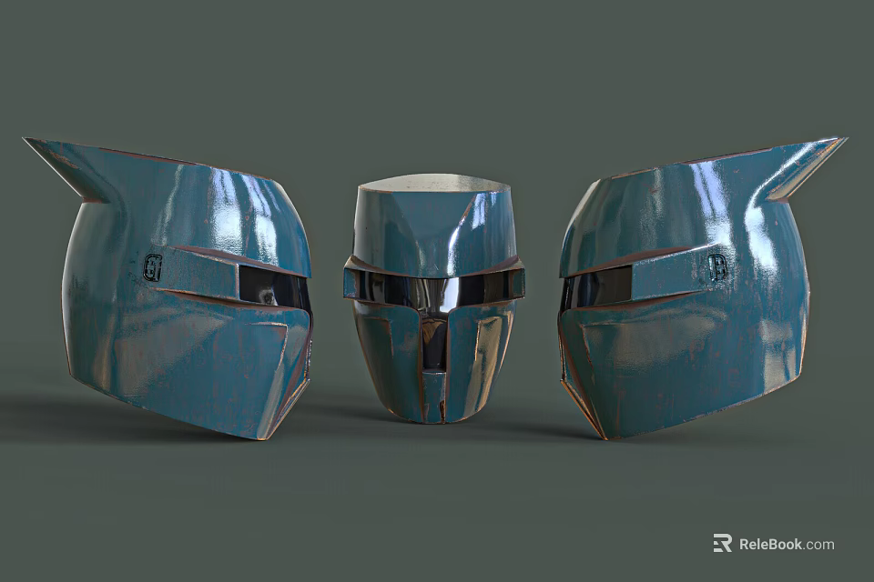 Three Blue Metallic Helmets With Futuristic Shiny Detailed Sci Fi Design 3d model 