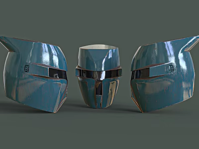 Three Blue Metallic Helmets With Futuristic Shiny Detailed Sci Fi Design 3d model