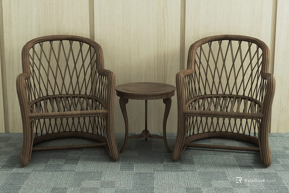 Leisure Wicker Seating Set With Two Chairs And Small Round Table For Relaxing Area 3d model 