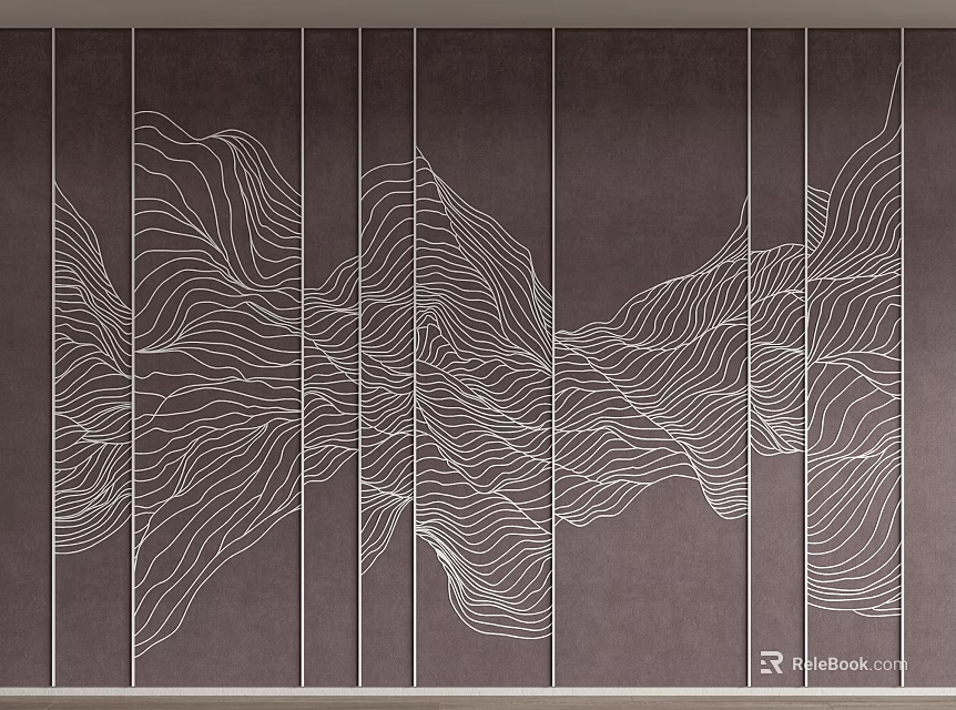 Paneled Dark Background Wall With White Wavy Line Patterns Interior Design 3d model 
