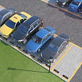 Various Colored Cars Parked In Parking Lot With Yellow Lines Near Green Grass