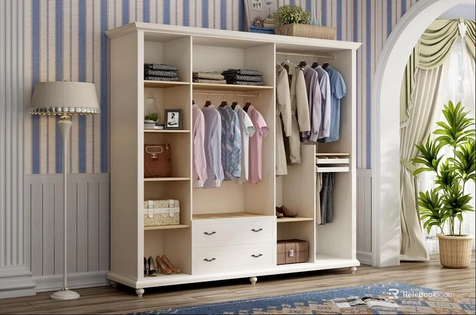 White Wardrobe Interior With Hanging Clothes Folded Shelf Drawers Striped Wallpaper And Plant 3d model 