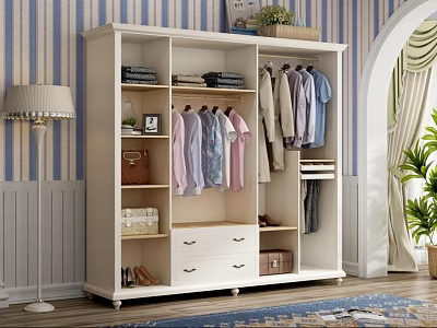 White Wardrobe Interior With Hanging Clothes Folded Shelf Drawers Striped Wallpaper And Plant 3d model