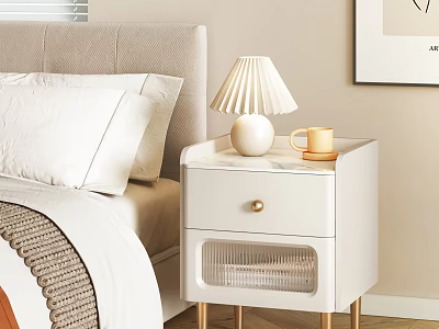 White Bedside Table with Drawer Gold Knob Rattan Storage and Pleated Lamp in Modern Bedroom 3d model