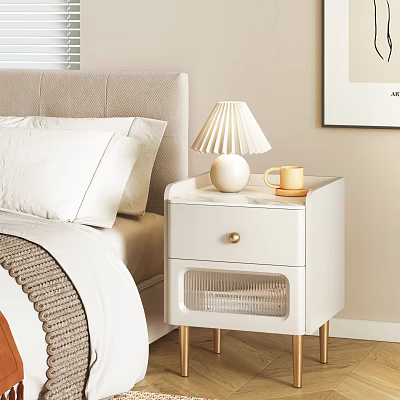 White Bedside Table with Drawer Gold Knob Rattan Storage and Pleated Lamp in Modern Bedroom 3d model
