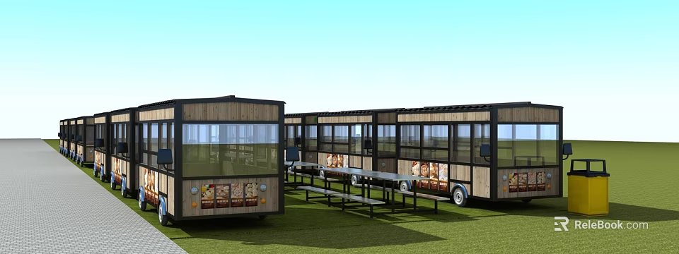 Commercial Food Trucks With Large Windows Benches And Tables On Grass With Blue Sky 3d model 