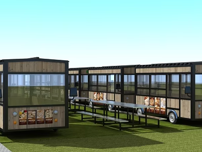 Commercial Food Trucks With Large Windows Benches And Tables On Grass With Blue Sky 3d model