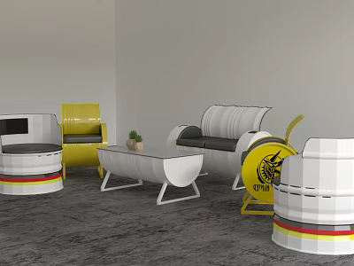 Modern Sofa and Coffee Table Set with Glass Top Table and Yellow Accent Chairs 3d model