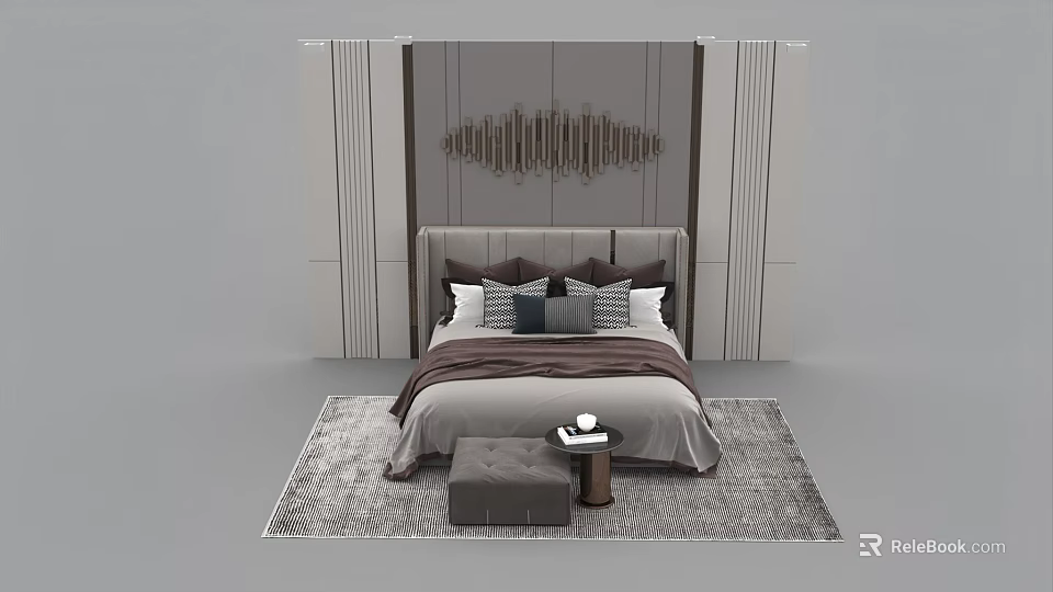 Modern Double Bed with Bedhead Background Wall Decorative Strips Pillows Side Table and Rug 3d model