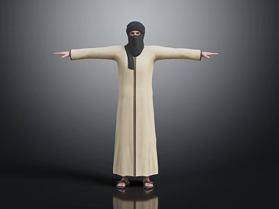 Person In Beige Robe With Black Headscarf Standing Arms Outstretched Against Grey Gradient Background 3d model