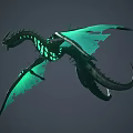 Fantasy Dragon With Green Glowing Tattered Wings Dark Scaled Body In Flying 3D Rendered Pose