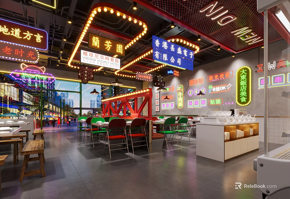 Vibrant Hotpot Restaurant Interior With Colorful Neon Signs And Comfortable Dining Seats 3d model 