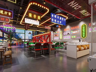 Vibrant Hotpot Restaurant Interior With Colorful Neon Signs And Comfortable Dining Seats 3d model