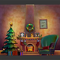 Cozy Christmas Living Room Interior With Tree Fireplace Wreath Stockings Gifts And Armchair