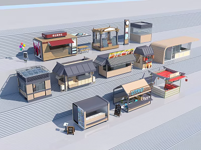 Various Outdoor Kiosk Structures With Different Roof Styles And Stalls 3d model