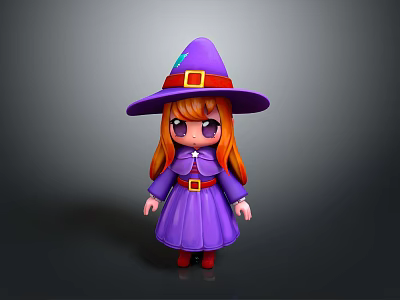 Cute Game Movie Character Witch With Purple Hat Orange Hair Purple Robe And Red Shoes 3d model