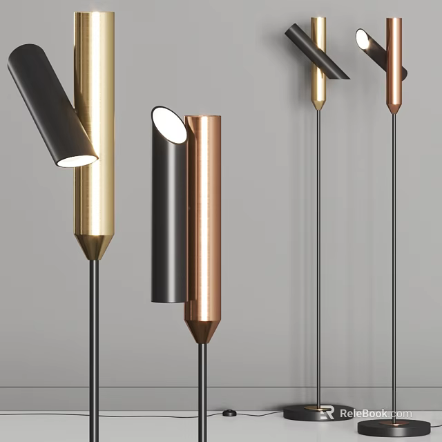 Modern Floor Lamp Design With Gold Black Copper Metal Finishes And Sleek Cylindrical Shape 3d model 