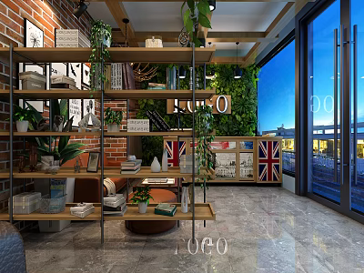 Cozy Beauty Hair Salon Interior With Green Plants Brick Wall And Wooden Shelves 3d model
