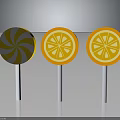 Colorful Lollipops With Spiral And Orange Slice Patterns On Gray Background 3d model
