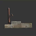 Old Red Water Pump With Double Stone Sink And Concrete Base 3d model