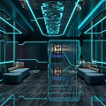 Futuristic KTV Corridor with Blue Pink Neon Lights Reflective Floor and High Tech Design