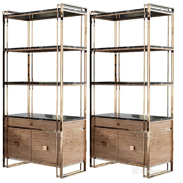 Elegant Modern Storage Shelf Unit With Brass Frame Wooden Cabinet And Glass Shelves 3d model 