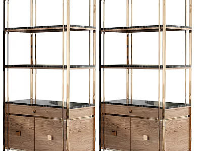 Elegant Modern Storage Shelf Unit With Brass Frame Wooden Cabinet And Glass Shelves 3d model